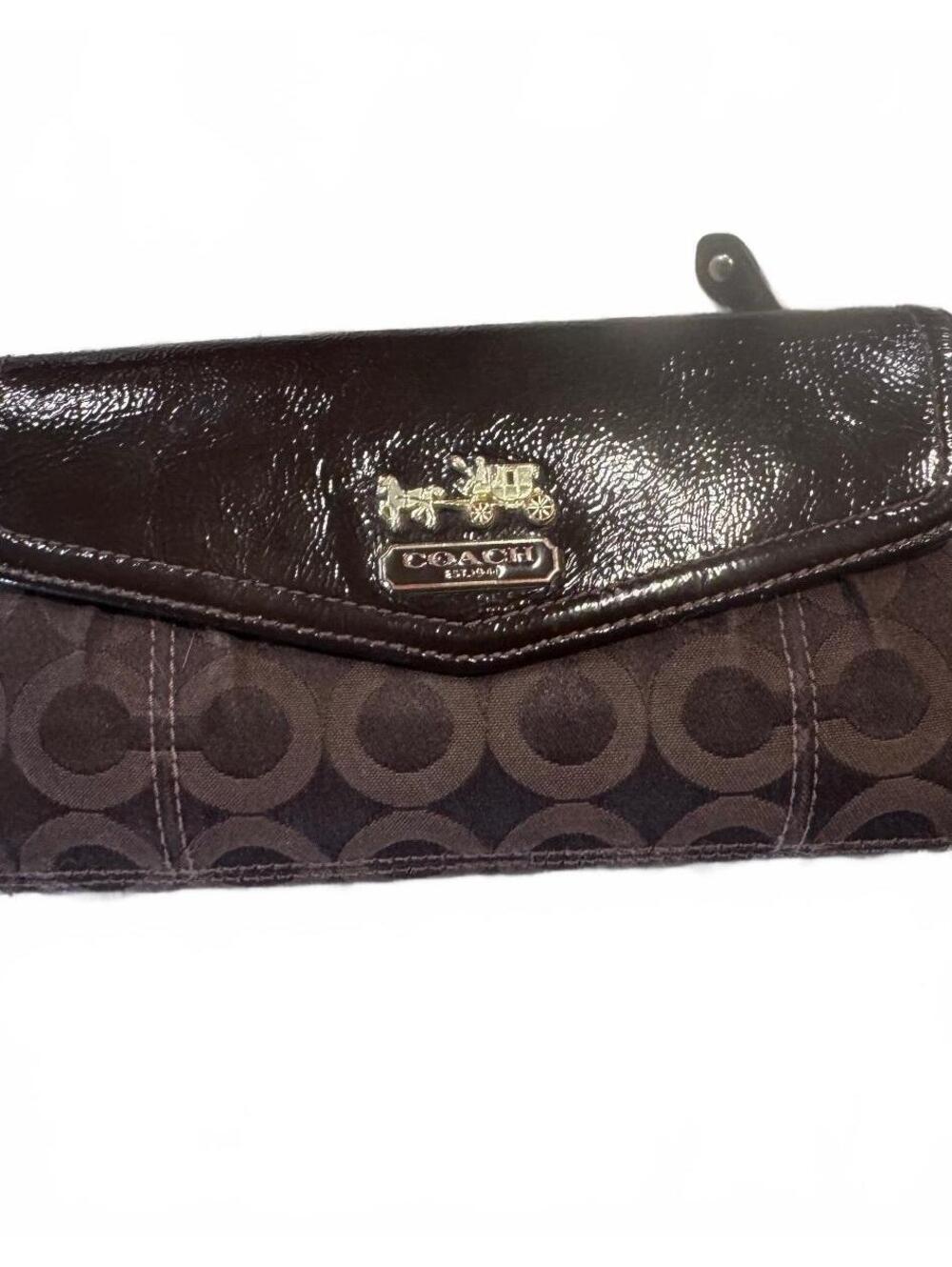 Coach Signature Brown Canvas Patent Leather Checkbook Wallet Long Clutch